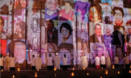 ??  ?? Pictures of Covid-19 victims projected on Lima Cathedral in November 2020. In Peru, the average number of years lost per person is 20.2. Photograph: Luka Gonzales/AFP/Getty Images