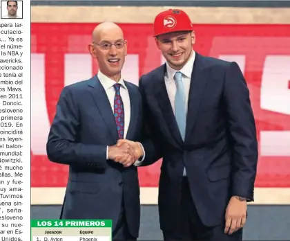  ??  ?? FELIZ. Silver, comisionad­o de la NBA, y Doncic se dan la mano.