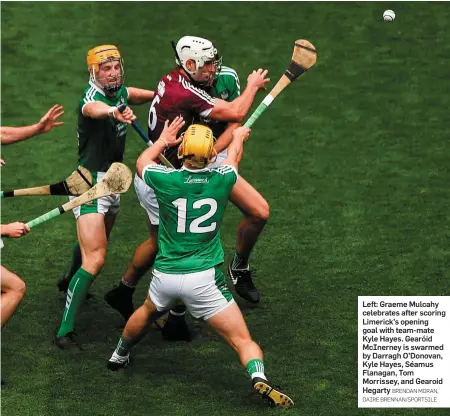  ?? BRENDAN MORAN, DAIRE BRENNAN/SPORTSILE ?? zxcxzcxz Left: Graeme Mulcahy celebrates after scoring Limerick’s opening goal with team-mate Kyle Hayes. Gearóid McInerney is swarmed by Darragh O’Donovan, Kyle Hayes, Séamus Flanagan, Tom Morrissey, and Gearoid Hegarty