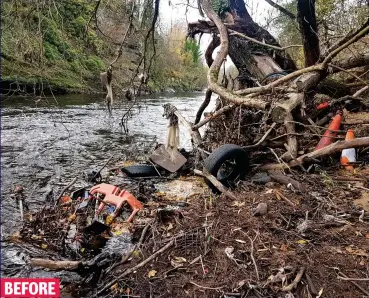  ??  ?? Messy River Mersey: Tyres, a bollard and a plastic barrier tangled up in tree roots BEFORE