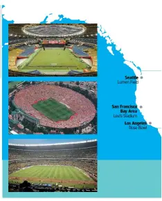  ??  ?? ABOVE TOP: Montreal Olympic Stadium…during the 2015 Women’s World Cup
MIDDLE: Rose Bowl…host of the 1994 World Cup final
BOTTOM: Azteca Stadium…Mexico’s biggest ground