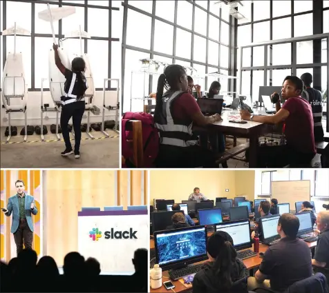  ??  ?? (Clockwise from top left) A staff member prepares a drone for the delivery of medical supplies at the drone delivery service base run by operator Zipline in Omenako, 70 kilometres north of Accra. • Staff members sit at the Zipline medical distributi­on centre at the drone delivery service base. • Patrick McHugh lectures an informatio­n technology class at the Milwaukee Area Technical College in Milwaukee. • Slack CEO Stewart Butterfiel­d speaks at his company’s Frontiers conference in San Francisco. Frontiers is an annual conference that explores the future of work. — AFP photos