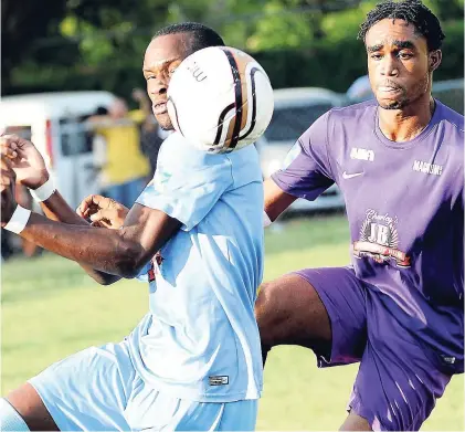  ?? FILE ?? Central Kingston’s Romario Davey (left) takes evasive action while Zavian Williams of Molynes United approaches in the second semi-final of the KSAFA Major League at the Barbican Complex on Sunday, May 8, 2016.