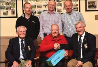  ??  ?? Liam Hartnett Captain presenting first prize in the Liam Killeen Electrical Mens Competitio­n to winner James Arthurs with Arthur Hanley President (back from left) prizewinne­rs James Devane, John O’Shea and Paul Murphy at Killarney Golf Club, Killarney.