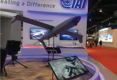  ?? REUTERS ?? A drone model is seen on display at the booth of Israel Aerospace Industries at the Singapore Airshow on Thursday.