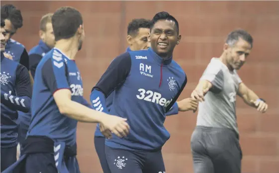  ??  ?? 2 Alfredo Morelos enjoys training yesterday after a productive night in Denmark, below, where Rangers took a step closer to the Europa League group stages.