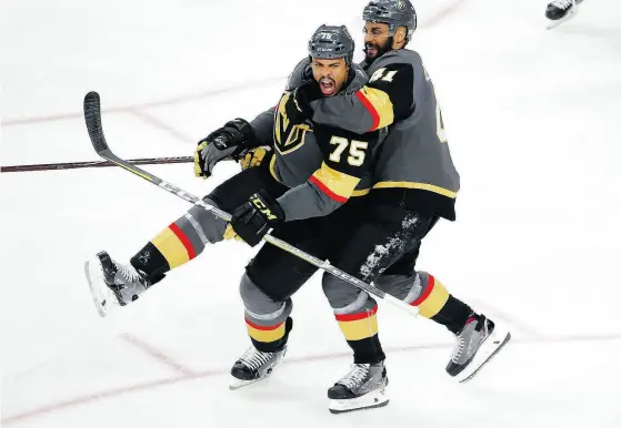  ?? ROSS D. FRANKLIN / THE ASSOCIATED PRESS ?? He hasn’t made his reputation as a scorer, but Ryan Reaves, left, scored a huge goal for the Vegas Golden Knights on Monday night.