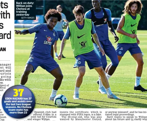  ?? GETTY IMAGES ?? Back on duty: Willian joins Chelsea at training yesterday