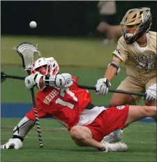  ?? STAFF PHOTO CHRIS CHRISTO — BOSTON HERALD ?? Natick’s Brady Kittler, left, and Needham’s Tyler Scully battle for the ball during Needham’s 16-6 boys lacrosse victory Tuesday.