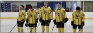  ?? PAUL DICICCO — FOR THE NEWS-HERALD ?? Battle Creek Rumble Bees stand for pregame introducti­ons Dec 14, 2019, against the Ice Breakers at Mentor.