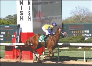  ?? The Sentinel-Record/Rebekah Hedges ?? COLORFUL FINISH: Jockey Channing Hill guides Hoonani Road across the wire to win the $100,000 Rainbow Stakes for 3-year-old Arkansas-bred colts and geldings Friday at Oaklawn Park before an estimated crowd of 7,000.