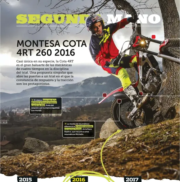  ??  ?? cEl clásico tono rojo de la Montesa se tornó en blanco a partir de 2017, fruto del relación con la marca española con Honda.
cLa monta de neumáticos diferencia a la versión estándar, con gomas Dunlop, de la Race Replica, que recurre a unos neumáticos Michelin.