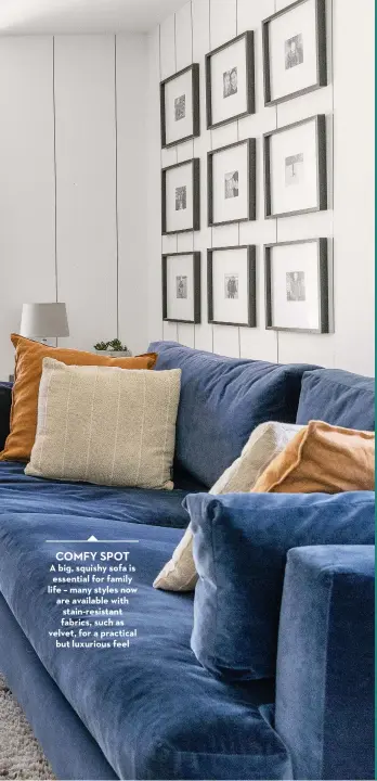  ?? ?? COMFY SPOT
A big, squishy sofa is essential for family life – many styles now are available with stain-resistant fabrics, such as velvet, for a practical but luxurious feel