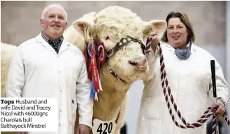  ??  ?? Tops Husband and wife David and Tracey Nicol with 46000gns Charolais bull Balthayock Minstrel