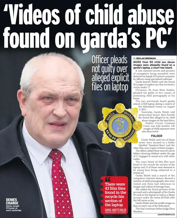  ??  ?? DENIES CHARGE Garda Joseph O’connor at court yesterday