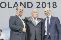  ??  ?? 0 (From left) Iran’s head of delegation Majid Shafiepour Motlagh, China’s top climate negotiator Xie Zhenhua and Mr Kurtyka