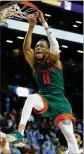  ?? AL BELLO / GETTY IMAGES 2017 ?? Canes guard Bruce Brown dunks on North Carolina in March 2017. He averaged 11.4 points, 7.1 rebounds and 4.0 assists last season.