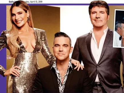  ??  ?? It’s a no from them: Simon Cowell, far right, with his former judges Ayda and Robbie Williams