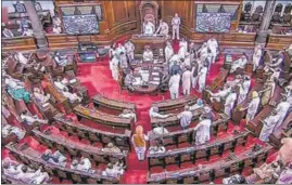  ?? PTI ?? Opposition MPs protest over Pegasus snooping row, in Rajya Sabha on July 26.