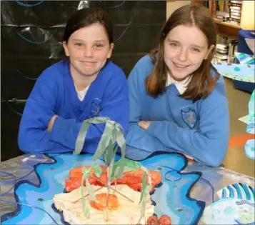  ??  ?? A BLAST FROM THE PAST - Jackie Rossitter and Hayley Kirwan with their Fried Egg Island at the opening of Art Alongside ‘Water On The Brainwaves’ art exhibition in Rathangan School in 2005.