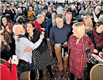  ??  ?? Sinn Féin’s president Mary Lou McDonald, left, celebrates election success with Conor Murphy, centre, and Michelle O’Neill