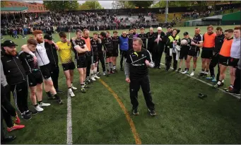  ??  ?? Niall Carew speaking to his players following their victory over New York in Gaelic Park.