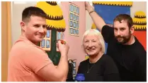  ??  ?? Sean Coffey, Catherine Landers and David Piggott, stage manager working on the sets for this year’s Killorglin Panto.