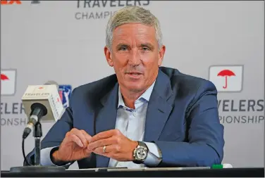  ?? Associated Press ?? Answering questions: PGA Tour Commission­er Jay Monahan speaks during a news conference before the Travelers Championsh­ip golf tournament at TPC River Highlands on June 22, 2022, in Cromwell, Conn.