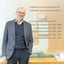  ??  ?? „Staatsprei­s für mehrgescho­ßigen Wohnbau“: Christian Aulinger vor der „Ahnentafel“der Amtsvorgän­ger in seinem Büro. Aulinger: