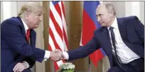 ?? AP photo ?? U.S. President Donald Trump (left) and Russian President Vladimir Putin, shake hands at the beginning of a meeting at the Presidenti­al Palace in Helsinki, Finland on Monday. Three days later no one is quite sure if historcal agreements were made during the summit