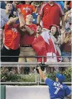  ?? THE ASSOCIATED PRESS ?? Blue Jays left fielder Ben Revere comes up empty as he tries to corral a home run ball Wednesday night.