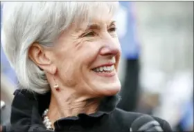  ?? ANDREW HARNIK — ASSOCIATED PRESS FILE PHOTO ?? On March 4, 2015, former Health and Human Services Secretary Kathleen Sebelius speaks with reporters outside the Supreme Court in Washington. Democrats say they’re shifting to offense on health care, emboldened by successes in defending the Affordable...