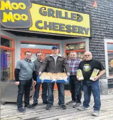  ?? SUBMITTED PHOTO ?? Moo Moo Grilled Cheesery farmers and producers, from left, Harvey Larkin of Larkin Brothers Poultry, Al MacLean of Al’s Bacon, Bill Deblois of Buns and Things Bakery, Dwayne MacQuarrie of MacQuarrie’s Meats, and Armand Bernard of Cows Creamery were on hand to celebrate the cheesery’s first yearround location.