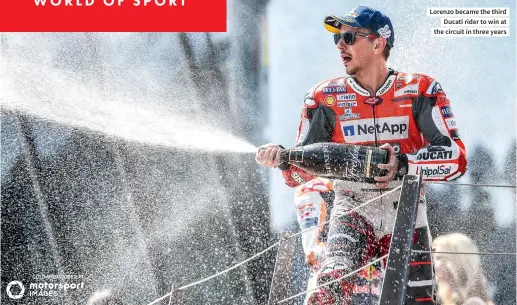  ??  ?? Lorenzo became the third Ducati rider to win at the circuit in three years