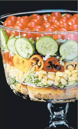  ?? STEVE MELLON/PITTSBURGH POST-GAZETTE ?? Built on a layer of savory cornbread, the trifle salad is made with shredded romaine lettuce, sweet corn, mini peppers, cucumbers and cherry tomatoes.