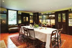  ??  ?? Florence Griswold House, dining room showing paintings by artist residents installed in the woodwork. Courtesy of Florence Griswold Museum, photograph by Joe Standart.