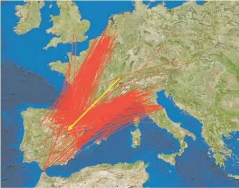  ?? // ABC ?? Ruta de migración de la codorniz en su viaje de retorno hacia África, en amarillo el vector medio, en rojo las trayectori­as individual­es