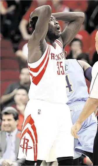  ?? James Nielsen / Houston Chronicle ?? Rockets rookie Montrezl Harrell is dismayed by a call, but his reaction accurately sums up how the team felt about its opening-night performanc­e against the Nuggets on Wednesday at Toyota Center.