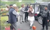  ?? HT PHOTO ?? Governor NN Vohra welcomes Union home minister Rajnath Singh in Srinagar on Wednesday.