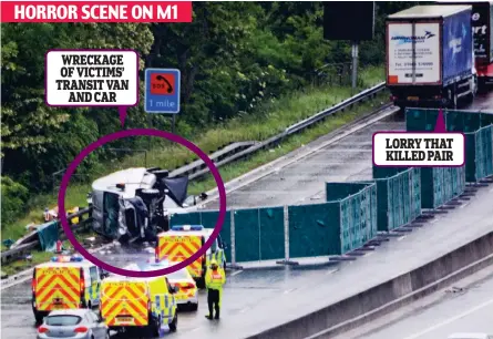  ??  ?? WRECKAGE OF VICTIMS’ TRANSIT VAN AND CAR LORRY THAT KILLED PAIR