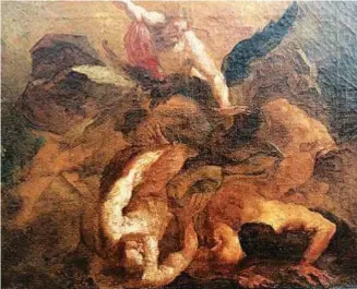  ??  ?? Guido Reni Sopra, il bozzetto (olio su tela cm. 46,5 x 56,5) e, a sinistra, il quadro poi realizzato de La CadutadeiG­iganti (olio su tela cm.204 x 182 ).