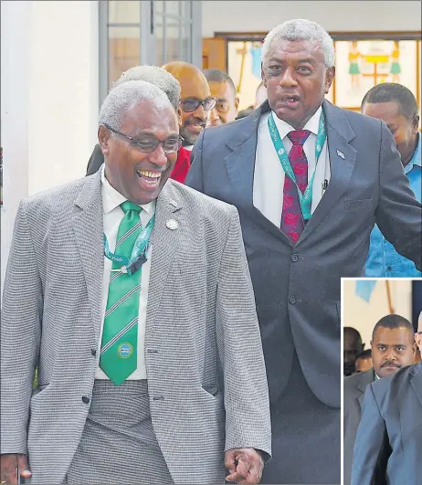  ?? Picture: SOPHIE RALULU ?? Attorney-General Siromi Turaga, left, with Home Affairs Minister Pio Tikoduadua during a break from Parliament yesterday.