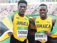  ?? COLLIN REID PHOTO, COURTESY OF ALLIANCE MASTERCARD, COURTS, SUPREME VENTURES, GRACEKENNE­DY AND JNBS. ?? Damion Thomas (left) and Orlando Bennett gave Jamaica gold and silver respective­ly in the men’s 110 metres hurdles at the IAAF World Under-20 Championsh­ips in Tampere, Finland yesterday. Thomas mined gold in 13.16 seconds while Bennett was second in...