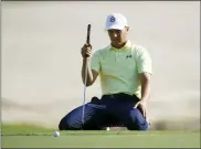  ?? FERNANDO LLANO — THE ASSOCIATED PRESS ?? Jordan Spieth, of the United States, lines up his putt on the 17th green during the second round of the Hero World Challenge PGA Tour at the Albany Golf Club, in New Providence, Bahamas, Friday, Dec. 3, 2021.