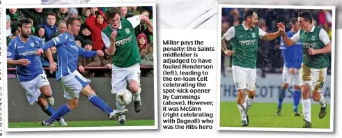  ??  ?? Millar pays the penalty: the Saintss midfielder is adjudged to have fouled Henderson (left), leading to the on-loan Celt celebratin­g the spot-kick opener by Cummings (above). However, it was McGinn ( (right celebratin­g with Dagnall) who was the Hibs hero