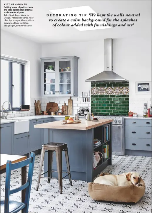  ??  ?? KITCHEN-DINER Setting a row of pattern into the tiled splashback creates a vibrant focal point.
Tolix Stool, £255, Made In Design. Patisserie Sucre 2 floor tiles, £74.70sq m; Metropolit­an Brompton Road wall tiles, £89.38sq m, both Fired Earth