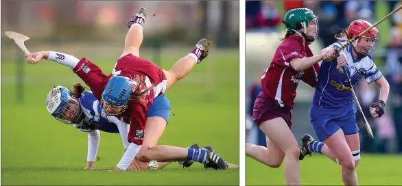  ??  ?? Aisling Cronin takes a tumble over Inniscarra’s Erin Looney. The experience­d Noeleen Lambert keeping tabs on Niamh McCarthy.