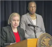  ?? ASHLEE REZIN GARCIA/SUN-TIMES ?? Chicago Health Commission­er Dr. Allison Arwady (left) speaks Thursday as Dr. Ngozi Ezike, director of the Illinois Department of Public Health, looks on.