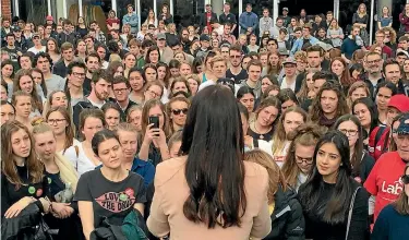  ?? PHOTO: HAMISH MCNEILLY/STUFF ?? Labour leader Jacinda Ardern tells Otago University students that they need to get out and vote.