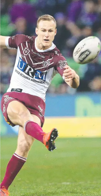  ?? Picture: HAMISH BLAIR/AAP IMAGE ?? Manly’s Daly Cherry-Evans kicks the winning field goal against Melbourne last night